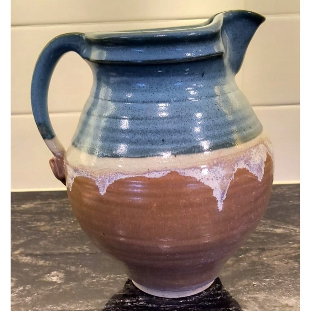Signed Handcrafted Pitcher With Blue & Brown Gradient Glaze